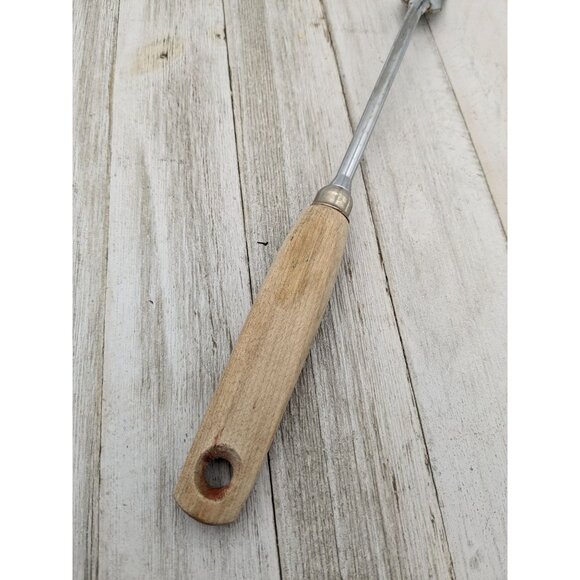 Vintage EKCO Chrome Plated Solid Meat Utility Fork Tan Wood Handle 13" - Picture 3 of 8